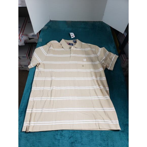 Chaps Polo Shirt Size Extra Large Mens Beige Striped Cotton Golf Preppy NWT - Picture 1 of 9